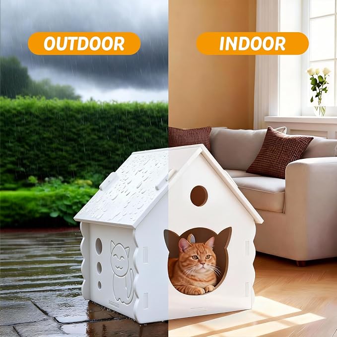 Cute Gable Roof Small Wooden Cat House, Indoor Outdoor Multi-Ply Wood Cat Shelter with Rainproof Windproof, Easy Assemble Move & Clean, Breathable Cat Hut for Kittens (White)
