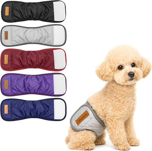 5 Pack Washable Reusable Dog Diaper, Belly Bands for Male Dogs, Quilted Ultra-Absorbent Leak-Proof Wraps for Training & Incontinence, 5 Colors（XS）