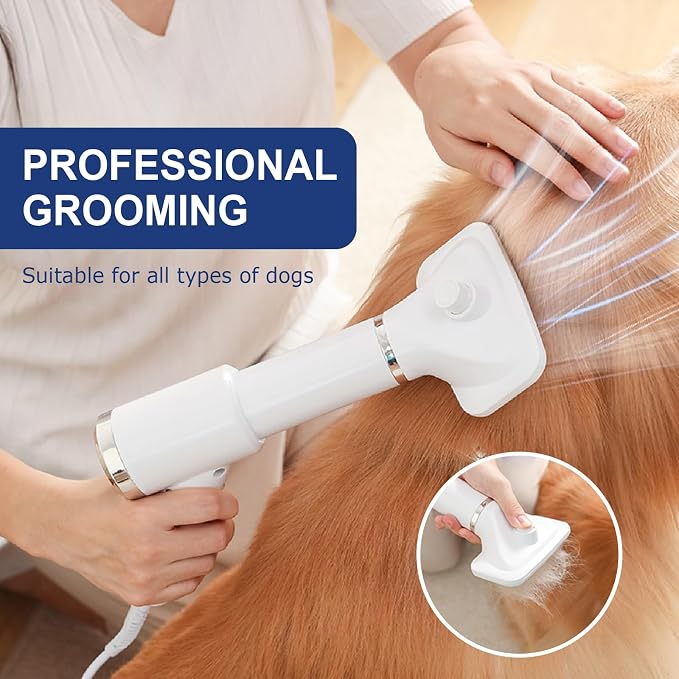 Portable Dog Hair Dryer with Brush – 300W, 3 Heat Settings, Professional, Overheat Protection for Small Medium Pets