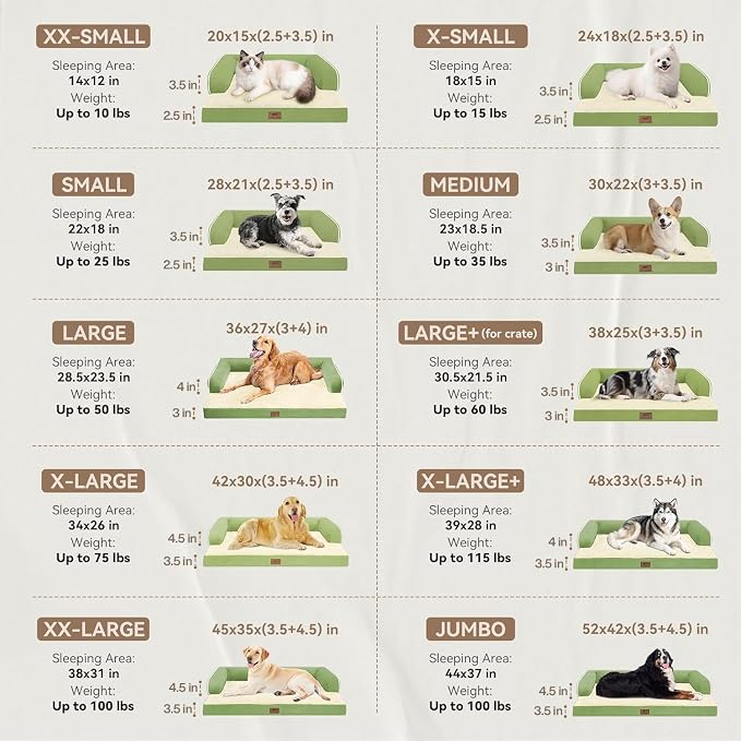 Large Dog Bed Orthopedic Washable - Memory Foam - XXL Large Big Dogs - Beds Bolster Pet - Couch Sofa - Waterproof with Removable Cover - Grass Green Dog Bed