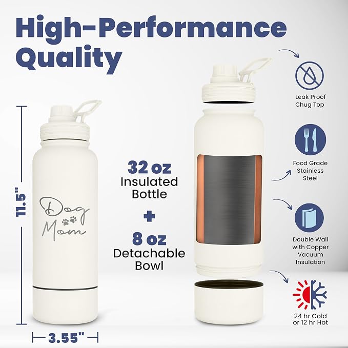 Rubyloo Dog Mom Essentials Bundle - Puffer Tote with Storage Containers (Beige) and 32 oz Water Bottle with Detachable Bowl (Dog Mom) - Travel Bag and Hydration Set