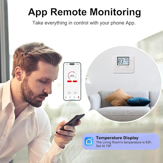 Heagstat WiFi Thermostat for Home 1 Heat/1 Cool 24V Conventional System, APP Remote Control, 7-Day Programmable, C-Wire Required