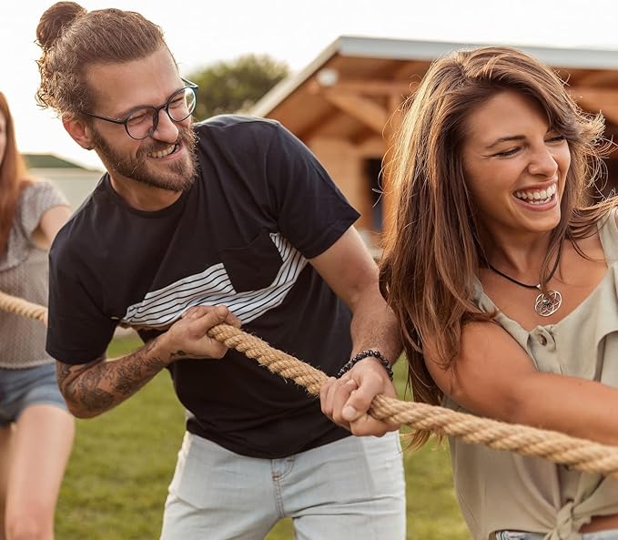 BLUE PANDA Field Day Tug of War Rope - 50 ft Brown Jute - Team Building Activity & Summer Camp Outdoor Rope with Flag & Whistle for Relay Race, Sack Race & Obstacle Course for Adults