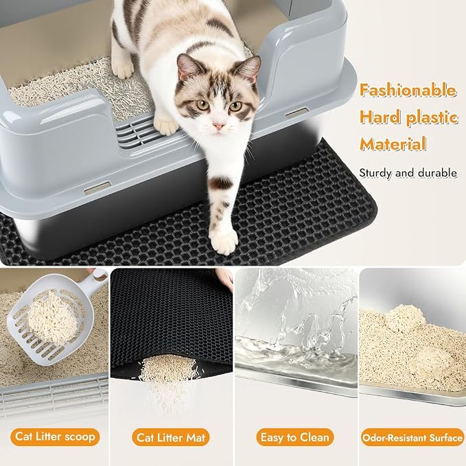 Vivifying XL Stainless Steel Cat Litter Box, High Side Metal Litter Pan with Scoop and Mat for Big Cats, Kittens, Rabbits and Hamsters, Easy Cleaning Design (Gray)