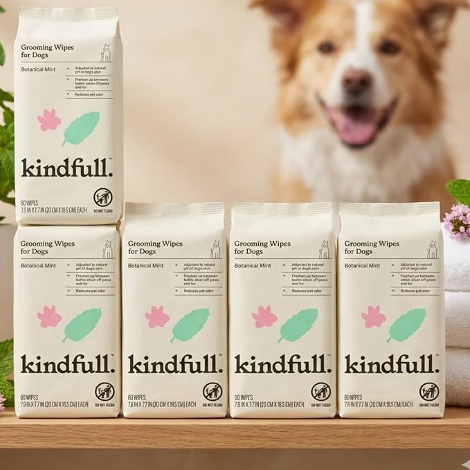 Dog Grooming Wipes – 5 Pack (300 Total), Botanical Mint Scent – Gentle, pH-Balanced Pet Wipes for Paws & Fur – Plant-Based, Alcohol-Free – 7.9" x 7.7" Each
