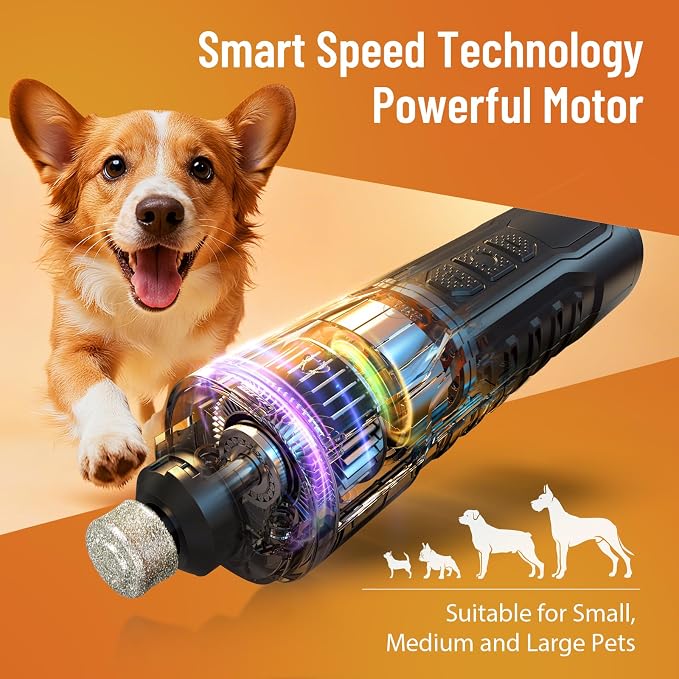 Electric Dog Nail Grinder: 5-Speed Quiet Dog Nail Trimmer with LED Light, Adjustable Safety Guard, Rechargeable Cordless Design for Small to Large Dogs & Cats