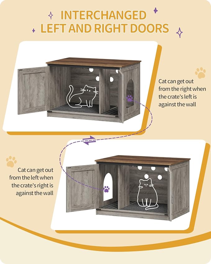 Hzuaneri Cat Litter Box Enclosure with Cushion, Hidden Litter Box Furniture with Removable Dividers, Reversible Entrance Left or Right Side, Cat House, Greige CB84605X