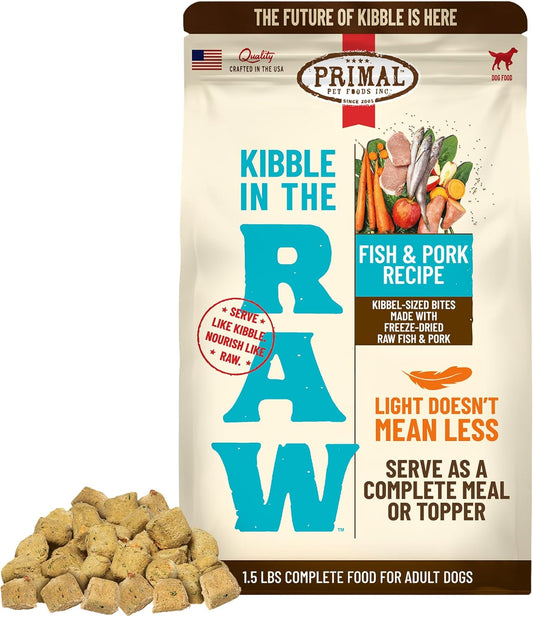 Primal Kibble in The Raw, Freeze Dried Dog Food, Fish & Pork, Scoop & Serve, Made with Raw Protein, Whole Ingredient Nutrition, Crafted in The USA, Dry Dog Food 1.5 lb Bag