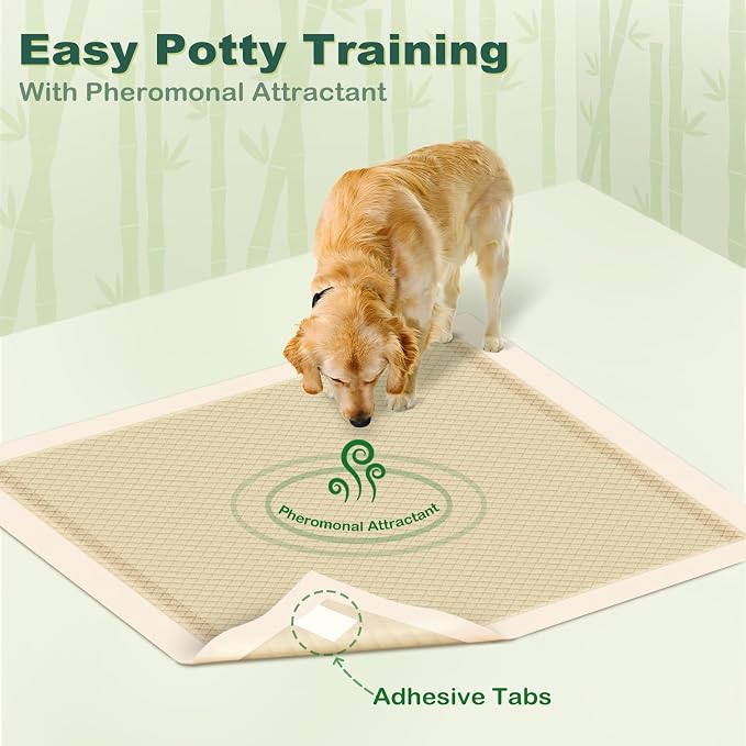 MIZOK 100 Counts Dog Pee Pads Extra Large 28"x34", Bamboo Puppy Pads Super Absorbent & Leak-Proof, 4-Corner Adhesive Tabs, Wee Wee Pads for Dogs Superior Odor Protection, XL