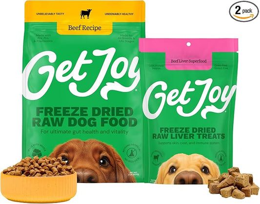 Get Joy Freeze-Dried Meal and Treats Bundle, Strength 100% Beef Liver Dog Treats, 4 Ounce, and Gut Health Fresh Freeze Dried Raw Meal Dog Food, Beef Recipe, 32 Ounce