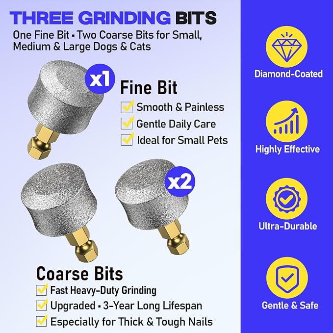 Whisper-Quiet Dog Nail Grinder, 50% More Powerful 6-Speed Pet Nail Trimmer with LED Display & 4 LED Lights, 3 Grinding Bits, No Over-Cutting, Stress-Free Grooming for Dogs, Cats & All Sensitive Pets