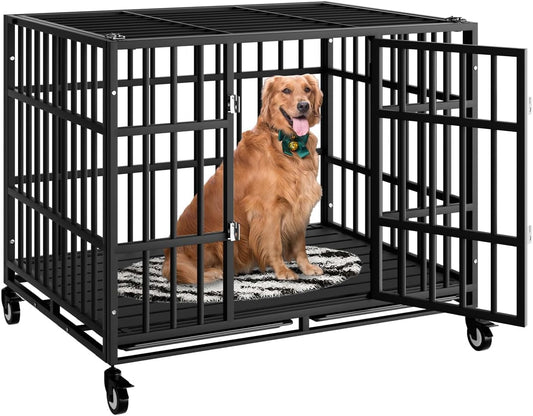 42 Inch Heavy Duty Dog Crate with Wheels,Indestructible Escape-Proof Dog Kennel with Locking Latch and Double Door,Extra Large XL XXL Crate Indoor for Large and Medium Dog with Removable Tray
