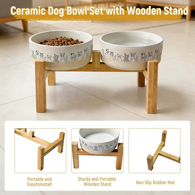 Elevated Ceramic Cat Bowls with Wooden Stand，6.1inch Raised Cat Bowls with Cute Pattern for Small and Medium Breed Dogs,2 Pack Cats Food and Water Bowl Set,Weighted Pet Dishes Dishwasher Safe