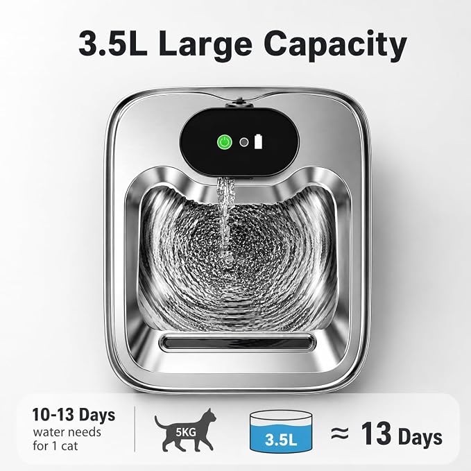 Wireless Cat Water Fountain Stainless Steel: 123oz/3.5L Automatic Water Dispenser for Kittens - 5000mAh Battery Operated Pet Fountain with 3 Replacement Filters & Motion Sensor