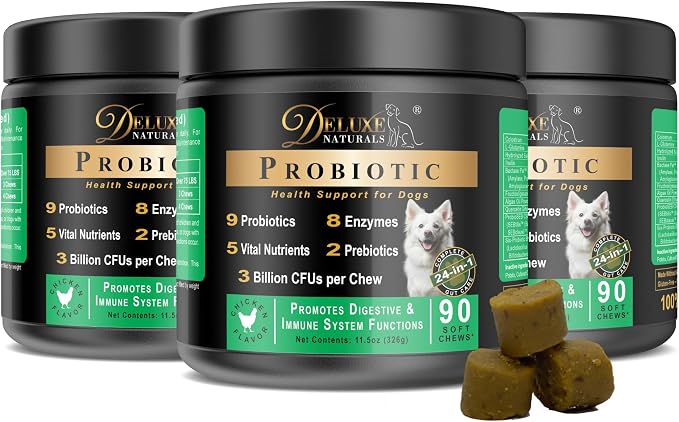 Probiotic Soft Chews for Dogs – 270 Count (3 x 90ct) – Digestive & Immune Support with 9 Probiotics, 8 Enzymes, 2 Prebiotics & 5 Vital Nutrients – Chicken Flavor