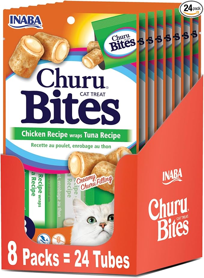 INABA Churu Bites for Cats, Soft/Chewy Baked Chicken Wrapped Churu Filled Cat Treats with Vitamin E, 0.35 Ounces per Tube, 24 Tubes Total (3 Tubes per Pack), Tuna Recipe