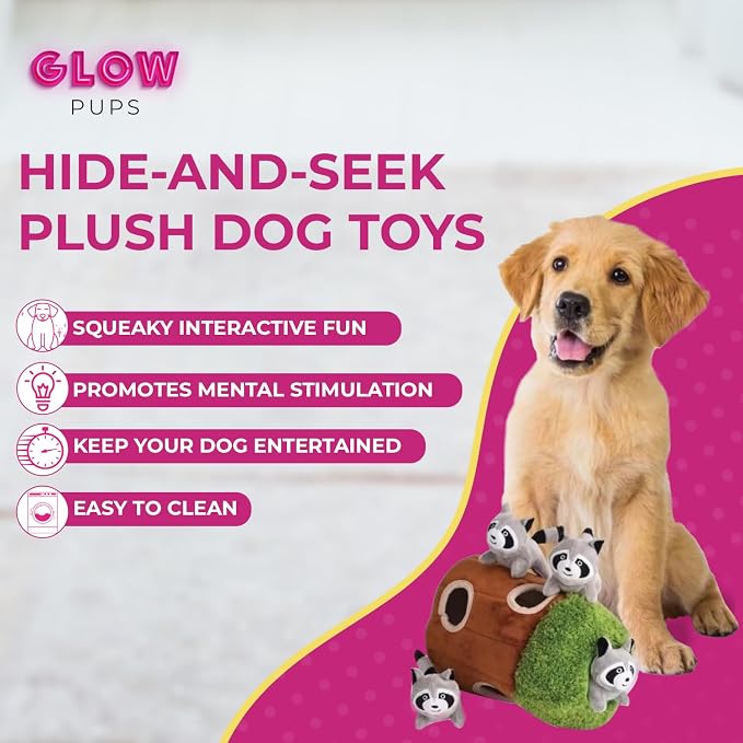 Glow Pups Hide and Seek Dog Toy, Interactive Plush Raccoon in Tree Burrow, Squeaky Woodland Style Dog Toys for Small Dogs, Mental Stimulation, Medium Size Tree with 4 Raccoon