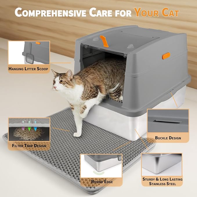 Large Stainless Steel Cat Litter Box with Lid, Enclosed High Sided Sifting Metal Litter Boxes with Scoop for XL Cats, Multicat, Non-Sticky, Anti-Leakage, Easy Cleaning, Grey