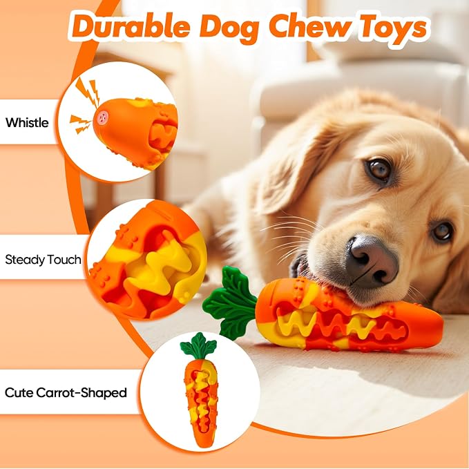 Indestructible Carrot Dog Toy for Aggressive Chewers - Tough Natural Rubber Chew Toy for Boredom, Interactive Treat Toy for Mental Stimulation - Durable Squeaky Toy for Small & Medium Dogs