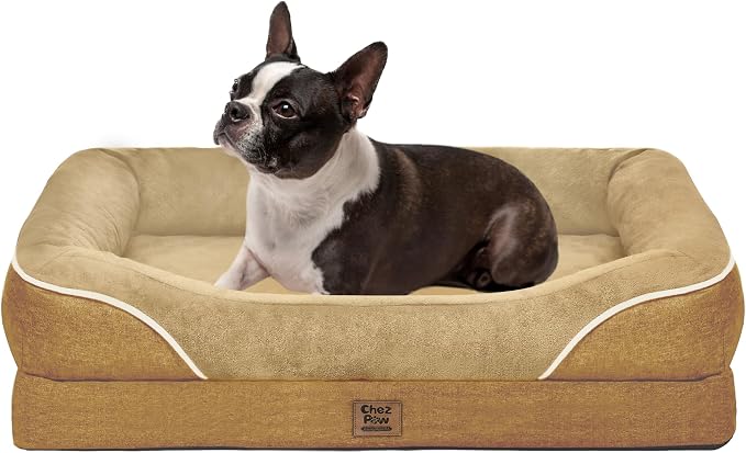 Chez Paw Orthopedic Dog Bed for Medium & Large Dogs, Waterproof Egg-Crate Foam Dog Bed with Removable Washable Cover, 4-Sided Bolster Support & Non-Slip Bottom, Brown 36"x27"x7"