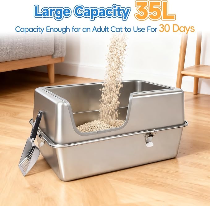 Stainless Steel Cat Litter Box, 23.6" L x 15.7" W x 11.8" H XXL Extra Large Semi Enclosed Removable Metal Litter Tray with High Sided Enclosure, Scoop, Non-Sticky, Easy Cleaning