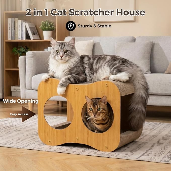 Avont Cat Scratcher House, Double-Layer Scratch Box, Bundle with Cat House for Indoor Cats