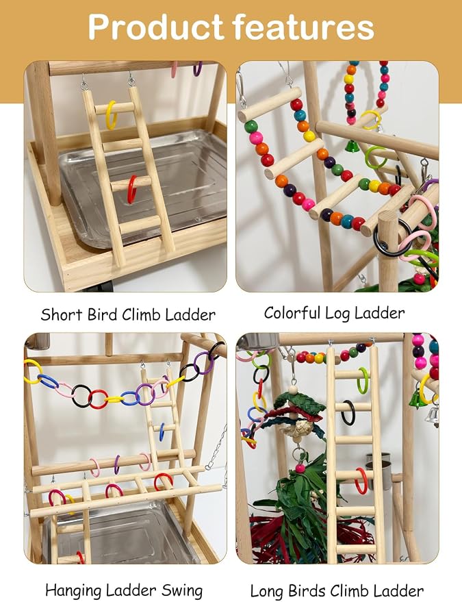 4-Tier Large Wooden Bird Playground with Wheels, Natural Wood Parrot Play Stand Birds Perch Stand Gym with Ladder Toy Accessories for Cockatiel Cockatoo Quaker
