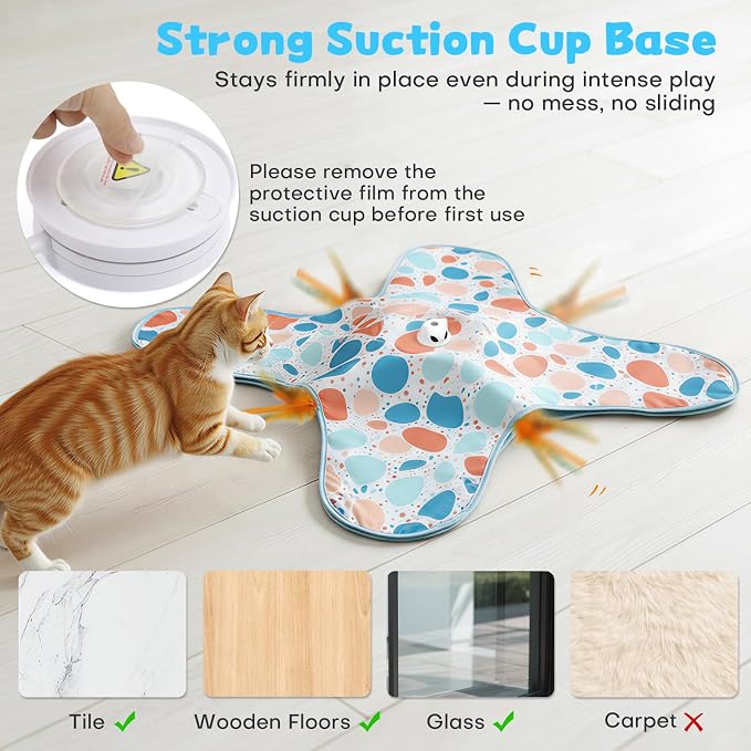 Interactive Cat Toys, Hide and Seek Cat Toy, 2 in 1 Automatic Moving Concealed Feathers for Indoor Cats, Non-Slip Suction, Touch Activated, USB Rechargeable, Blue