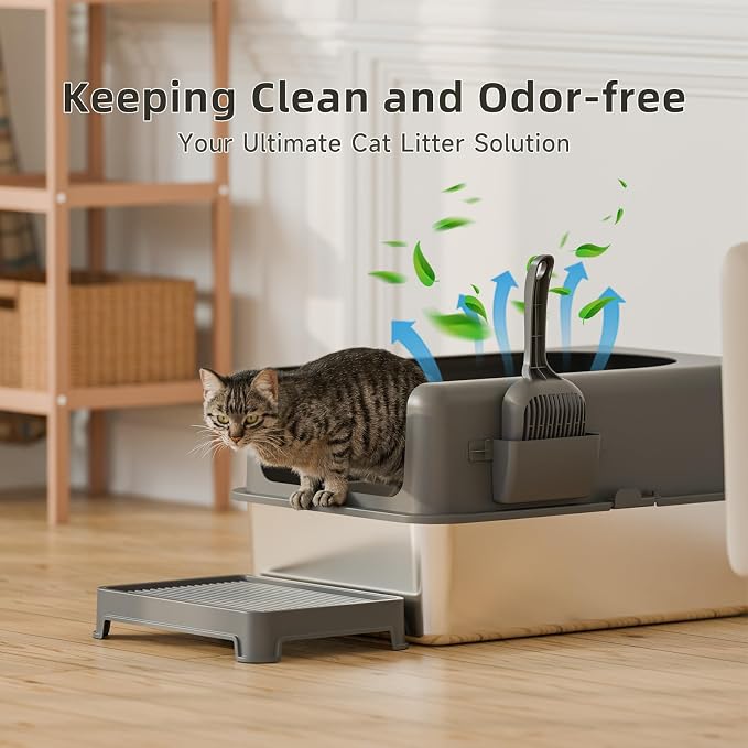 Booche High-Sided Stainless Steel Cat Litter Box,Stainless Steel Litter Box with Lid,Extra Large Cat Toilet, Easy-to-Clean Metal Litter Pan for Cats (24''L X 16''W X 12''H with Scoop&mat)