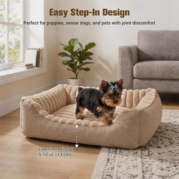 Avont Supportive Dog Bed for Medium Dogs, Plush Foam Fill, Camel | Removable Machine Washable Cover, Low 5.12" Entry for Pups & Seniors, 7:3 Foam-PP, Non-slip Bottom, Hidden Chew-proof Zippers