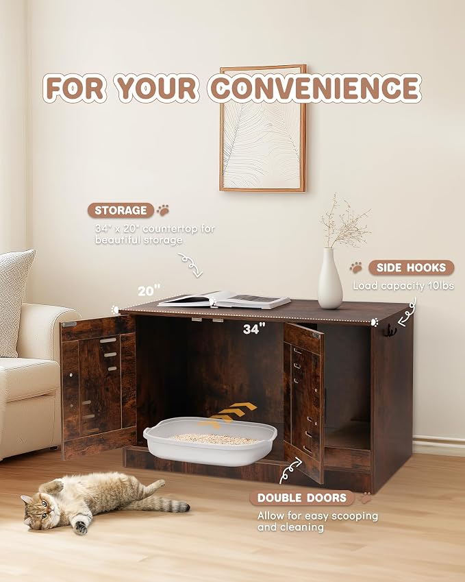 Cat Litter Box Enclosure, Hidden Cat Litter Box Furniture with Vent and Scratch Pad, Enclosed Odor Control, Easy Clean Panel, for Bedroom, Living Room, Rustic Brown