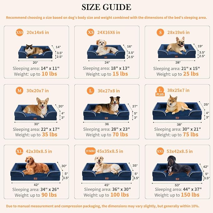 Comfort Expression Orthopedic Dog Bed for Extra Large Dogs 45x35 Inch, Waterproof Egg Crate Foam XL Pet Bed with Removable Bolsters, Dog Couch with Washable Cover & Non-Slip Bottom, Navy Blue