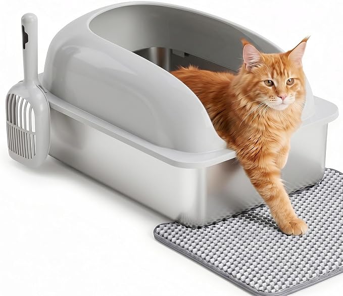 Extra Large Cat Litter Box with Lid, Stainless Steel Cat Litter Box with Scoop and Mat, High Walls for Anti-Urine Leakage, Easy Cleaning, Light Gray