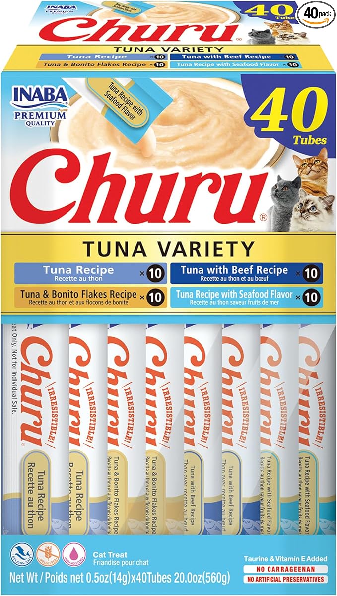 INABA Churu Cat Treats, Lickable, Squeezable Creamy Purée Cat Treat with Green Tea Extract & Taurine, 0.5 Ounces Each Tube, 40 Tubes, Tuna Variety Box