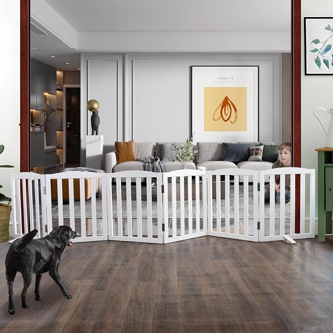 ZJSF Foldable Freestanding Indoor Dog Gate for House Wood White Long Pet Gates Dog Fence for Stairs Puppy Gates for Hallways,Pet Fence, Puppy Gate,Support Feet Included 24 "Height-6 Panels