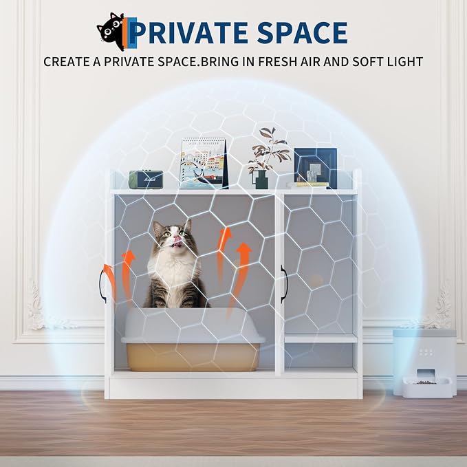 Cat Litter Box Enclosure,Hidden Litter Box Furniture with Divider,Indoor Cat House,Wooden Cat Washroom Storage Cabinet Bench, Side End Table Nightstand, 33.07" L × 23.62" W × 23.92" H,White