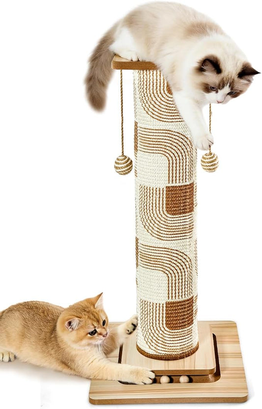31" Extra Tall Cat Scratching Post, Natural Sisal Cat Scratcher for Indoor Cats Adults & Large Cats, Sturdy Wood Cat Tree Tower with Interactive Ball Track & Top Perch, Modern Design for Home Decor