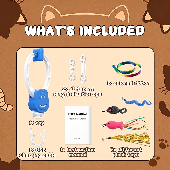 Automatic Cat Toy for Indoor Cats, Interactive Door Hanging Cat Toy with Smart Touch Restart, USB-C Rechargeable 360° Rotating Flying Bird Teaser for Kittens & Adult Cats, Blue