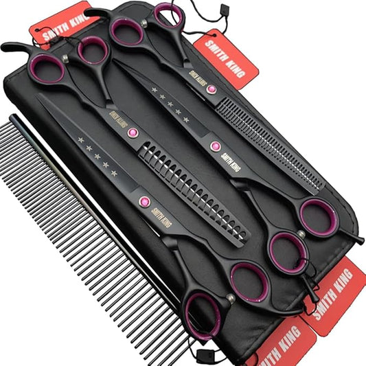 7.0 inches Professional Dog Grooming Scissors Set Straight & thinning & Curved & Chunkers 4pcs/3pcs in 1 Set (with Comb) Right-handed or Left-handed for Dog & Cats (Righ-Handed 4 pcs set with comb)