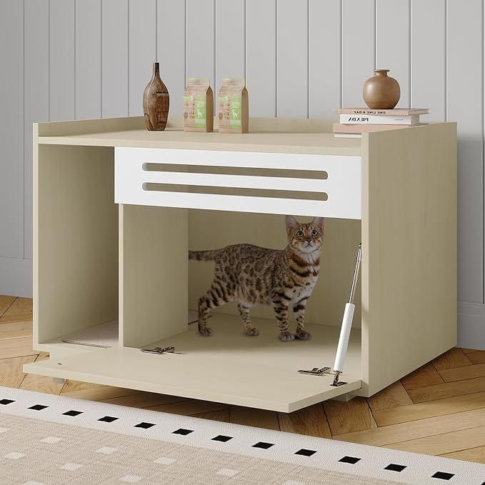 GarveeLife Cat Litter Box Enclosure Furniture Hidden Litter Box Cabinet Indoor Cat Washroom Pet House Dog Proof Hideaway Kitty Flip-down Opening Litter Box Enclosure - Wood Color