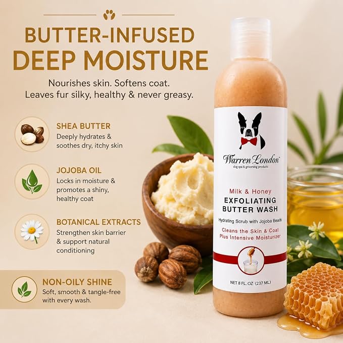 Warren London Exfoliating Butter Wash – Milk & Honey Dog Shampoo, 1-Gallon Pro Size | Cleans, Exfoliates & Deep-Conditions | Jojoba Beads Remove Dandruff & Itch | Dilutable, Non-Oily Shine | USA Made