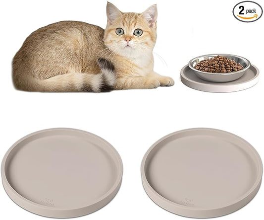 Arespark Pet Silicone Food Mat, Set of 2 Nonslip Waterproof Feeding Bowl Mat with Raised Edges for Food and Water Prevent Spills, Round Eating Tray for Dog Cat Puppy Kitten, 6'' x 6''