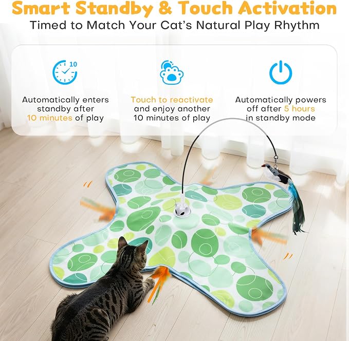 Interactive Cat Toys with Bird, Hide and Seek Cat Toy, 2 in 1 Automatic Moving Concealed Feathers for Indoor Cats, Non-Slip Suction, Touch Activated, USB Rechargeable, Green