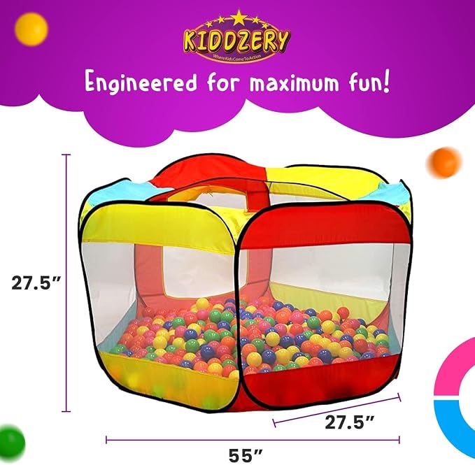 Kids Play Tent with 100 Balls – Extra Large 56″x50″ Pop-Up Ball Pit – Indoor/Outdoor Playhouse with Mesh Windows & Carry Bag