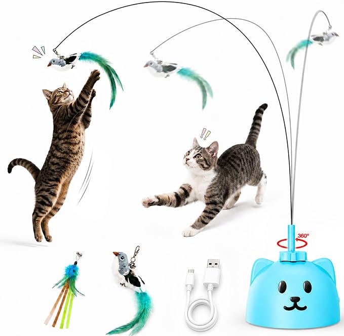 Interactive Cat Toys for Indoor Cats: Automatic Flying Bird Cat Toy with 360° Feather Wand, Strong 8cm Suction Cup, USB Rechargeable Self-Play Cat Toy for Bored Kittens & Adult Cats