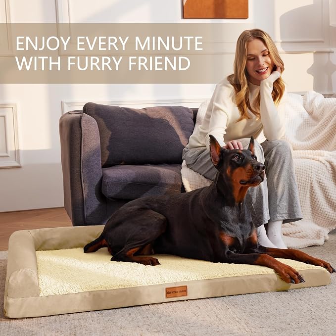 Patas Lague Orthopedic XL Dog Bed Large Sized Dog 48''X30'', Waterproof L Bolster Big Large Pet Sofa Beds with Removable Washable Cover, Soft Pet Couch Crate Mat with Nonskid Bottom, Beige