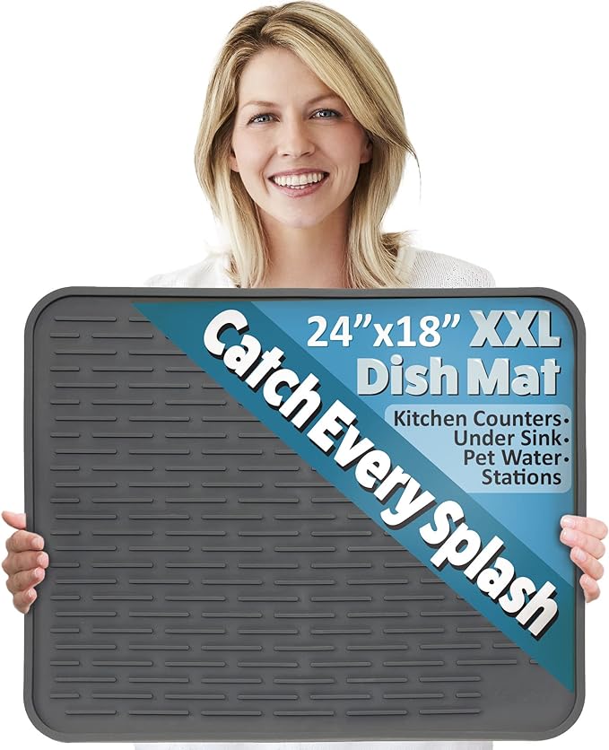 XXL Silicone Dish Drying Mat for Kitchen Counter or Under Sink, 24" x 18" Extra Large, Waterproof Pet Feeding Mat, Water Bowls, Under Drying Racks for Dishes, Coffee Bars, Bar Mats (Slate Grey)