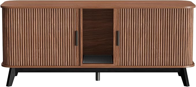 Garvee Cat Litter Box Enclosure for 2 Cats, 59" Hidden Litter Boxes Furniture with Sliding Door and Cat Litter Mat, Large Indoor Pet House, Wooden TV Stand Side Table, Walnut