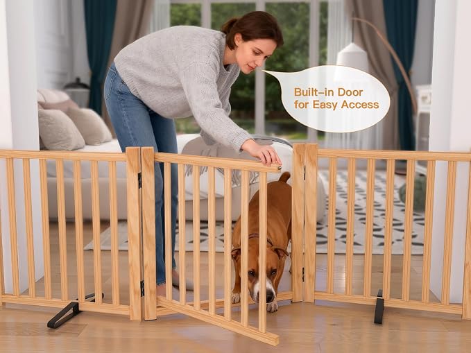 YOCAN Non-Painted Wooden Freestanding Dog Gates with Door for The House,Doorways, Stairs,Wood Dog Fences Indoor Pet Gate,Step Over Fence-6 Panel H:23"