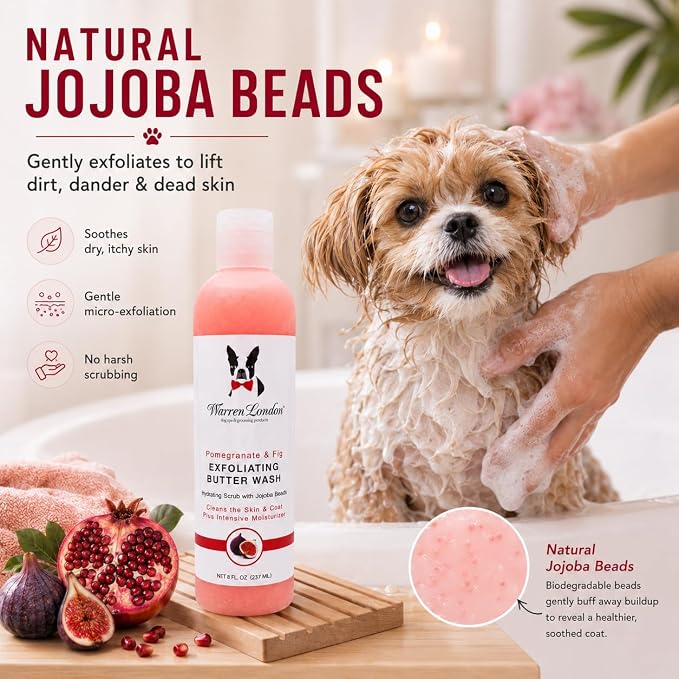 Warren London Exfoliating Butter Wash Dog Shampoo – Pomegranate & Fig, 8 oz | Cleansing, Conditioning & Exfoliating Shampoo with Jojoba Beads for Dry Skin, Soft Coat & Shine | Made in USA